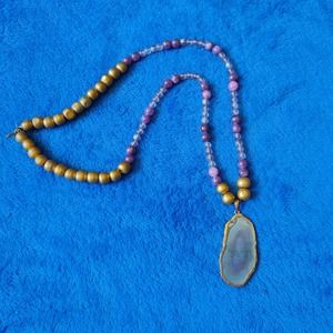 Agate Slice Pendant Purple Gold Wood Stone Quartz Beaded Boho Necklace